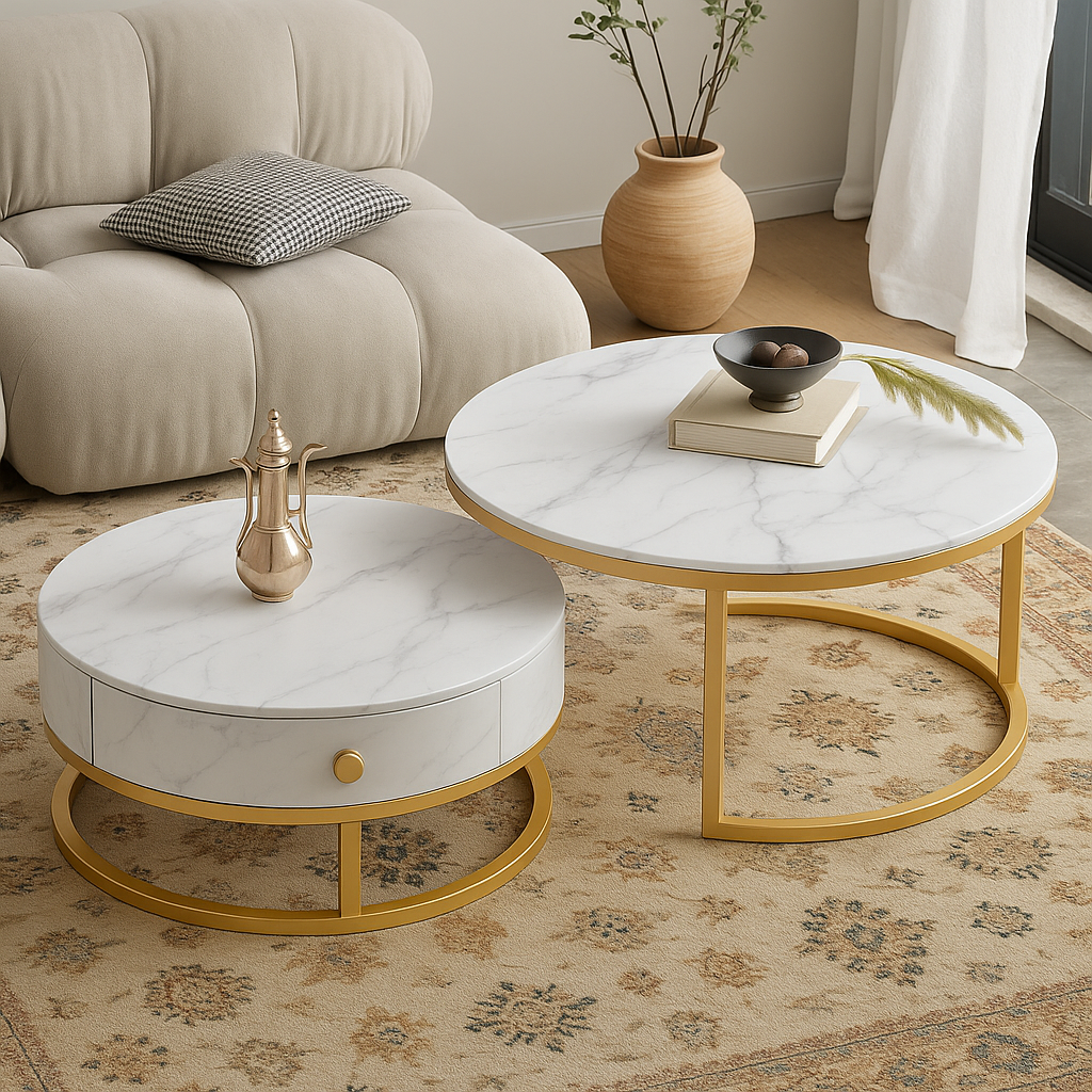 Set van 2 Ronde Salontafels – Keramisch Blad Goudkleurig Onderstel