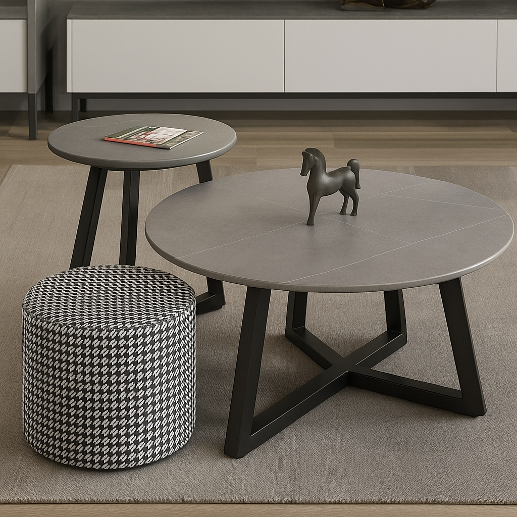 Set van 2 Ronde Salontafels – Keramisch Blad &amp; Zwart Onderstel