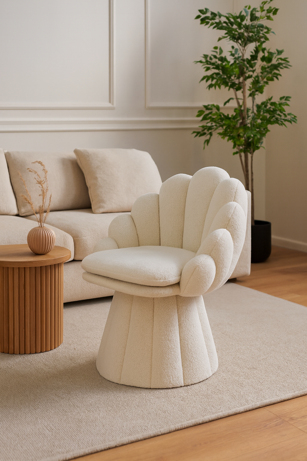 Amalfi – Bouclé lounge fauteuil met schelpvormig design in crème wit