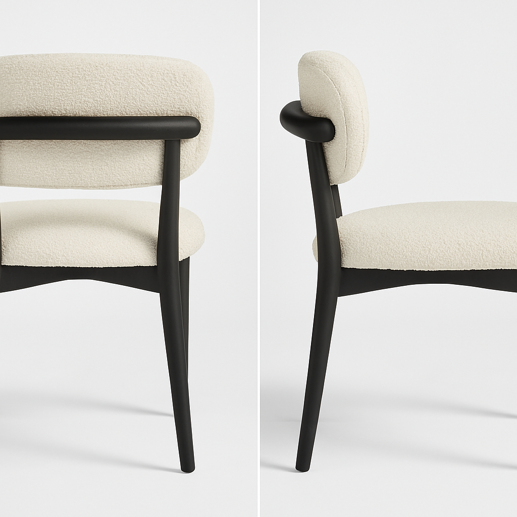 Retro Designstoel – Bouclé Stof Houten Onderstel (Crème, Zwart of Bruin)