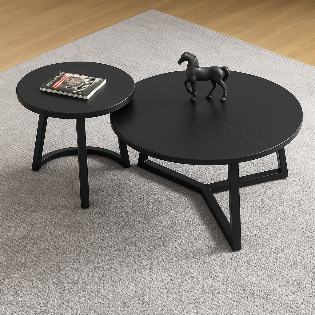 Set van 2 Ronde Salontafels – Keramisch Blad &amp; Zwart Onderstel