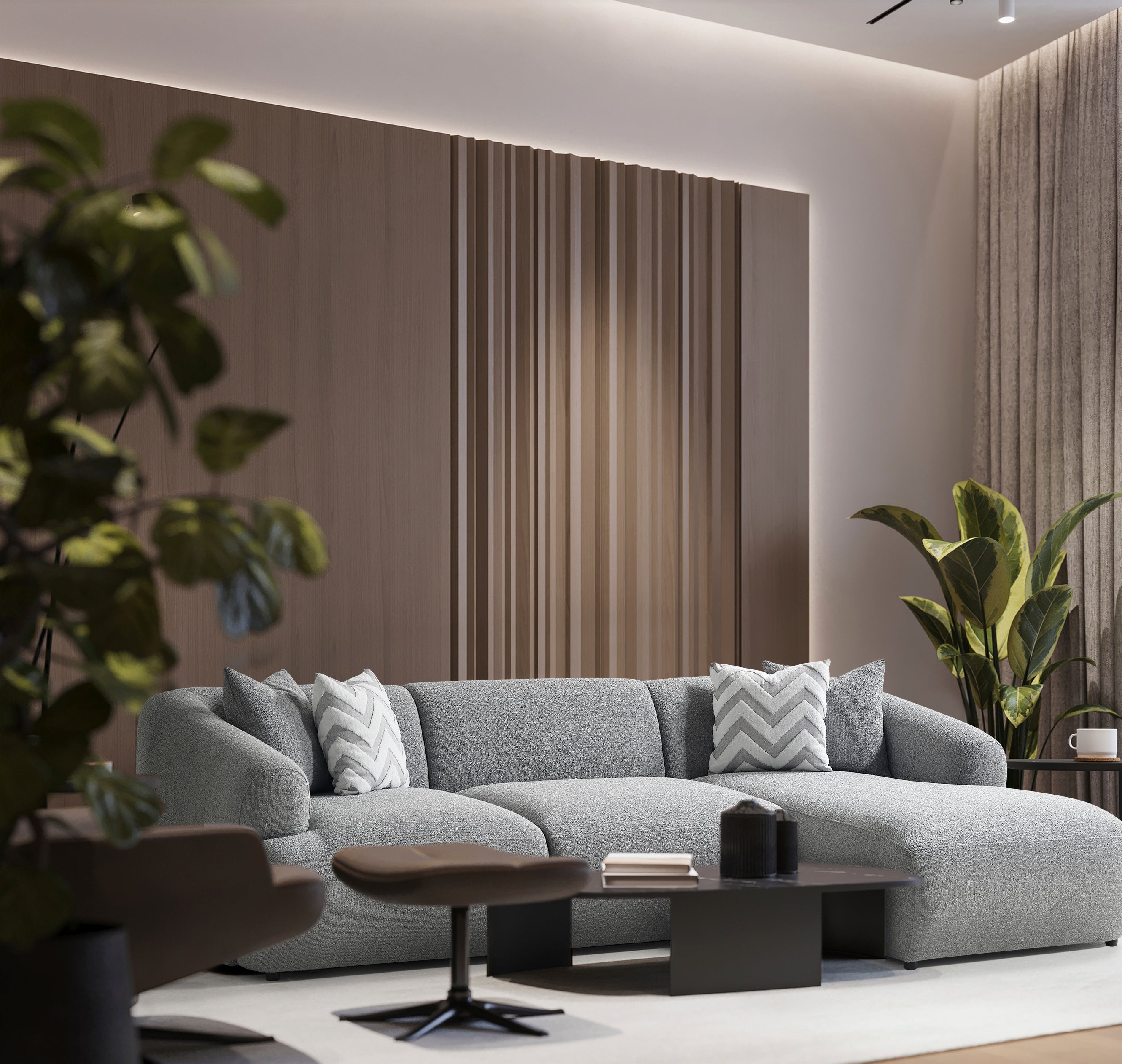 Porto Hoekbank – 290 x 70 x 140 cm – Moderne Bouclé in Zachtgrijs